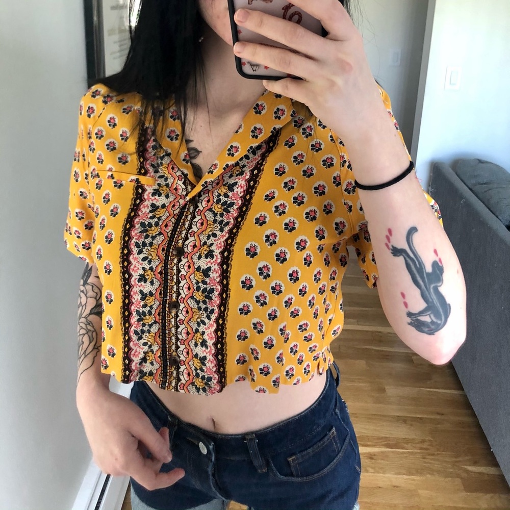 UO Yellow Button Up Crop Top